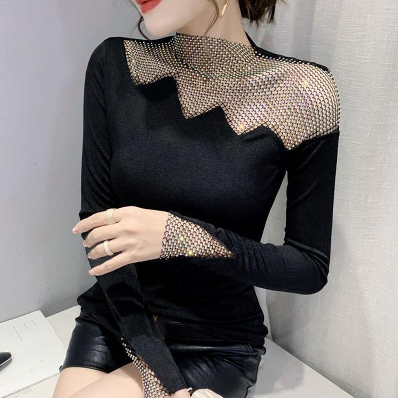 

Женская мода повседневная футболка с длинным рукавом и высоким воротником, элегантная тонкая ажурная шикарная сексуальная лоскутная блестящая ромбовидная футболка 2XL чёрный