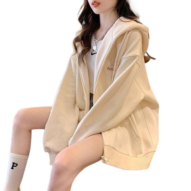Loose Plus Size College Style Hooded Cardigan Sweatshirt: Non-Fleece 250g / Fleece-Lined 360g