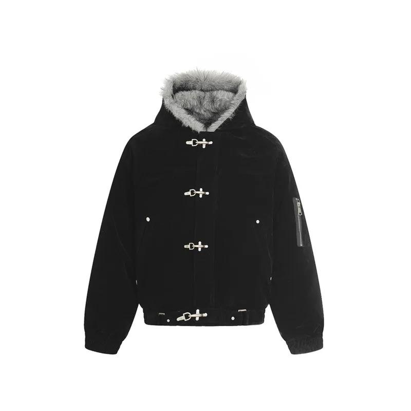 American Style Men's Coats Hooded Faux Fur Single Breasted Loose Solid Color Winter Jackets