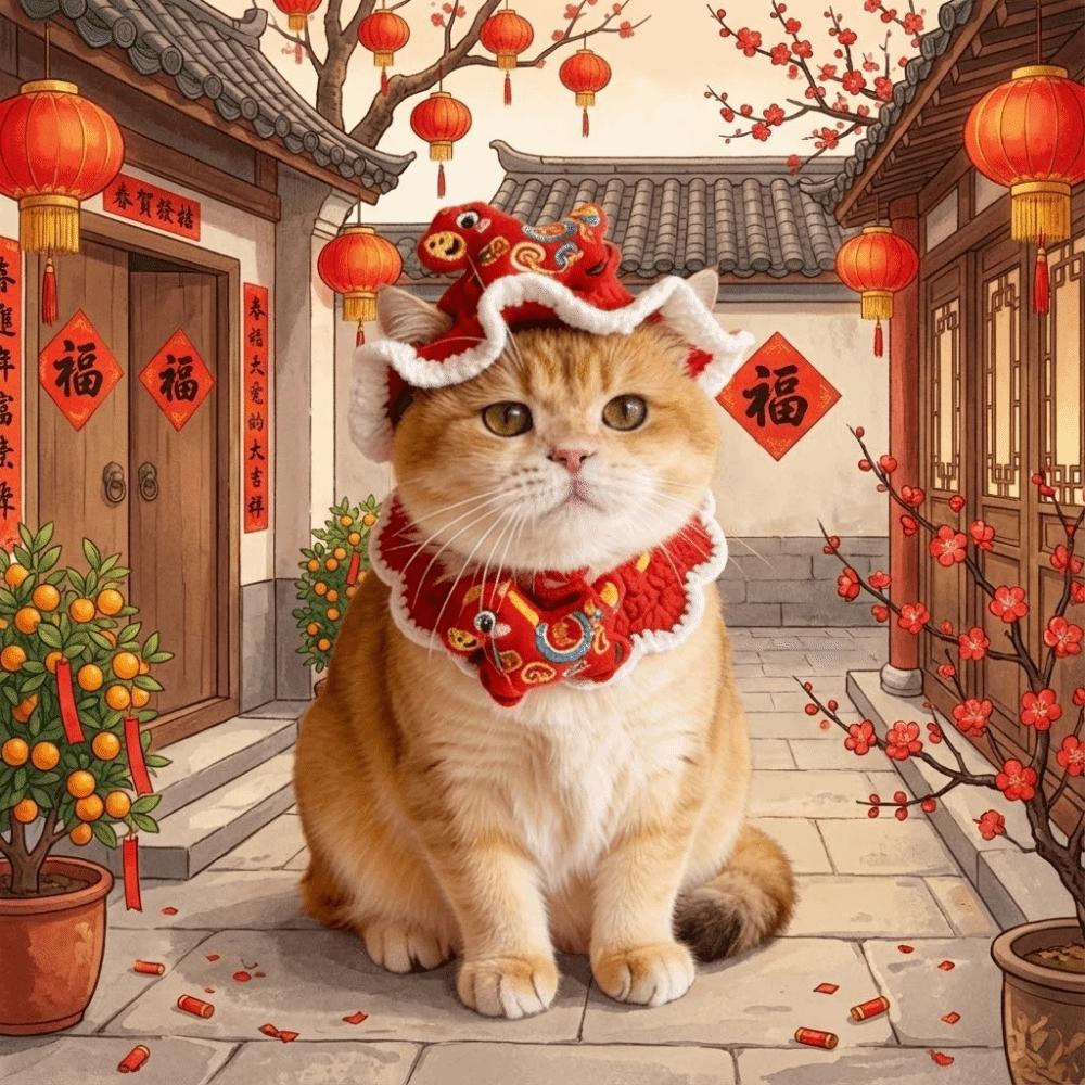 Funny Cartoon Chinese Style Pet Scarf Zodiac Horse Design Red Pet Knitted Hat Adjustable Elastic Cat Collar Pet Costume