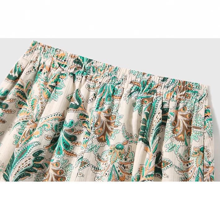 2025 Summer New Green Floral Versatile Wide-leg Pants Design High-end Seaside Vacation Cotton and Linen Casual Pants
