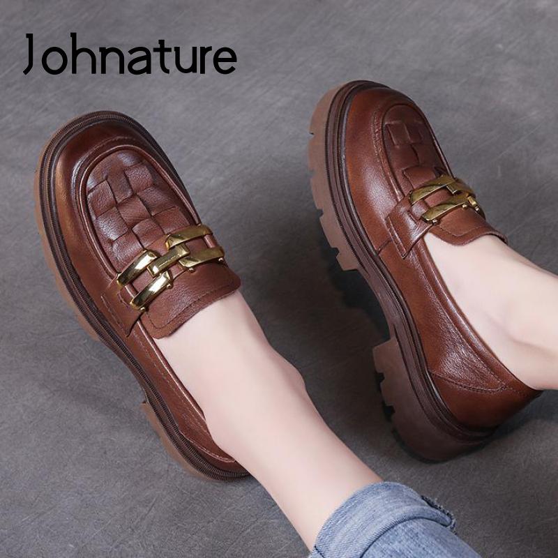

Johnature Pumps Женская обувь Подлинная кожа Ретро Круглый носок Весенняя ручная работа Плетение Краткая обувь для отдыха Платформа Обувь