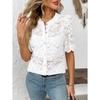 Womens Lace Crochet Short Sleeve Blouse With Round Neck Button Down Casual Hollow Out Top