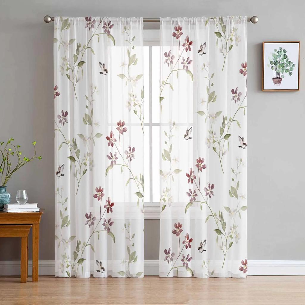 Summer Green Leaves Bird Watercolor Sheer Curtains for Living Room Decoration Window Curtain Kitchen Tulle Voile Organza Drapes