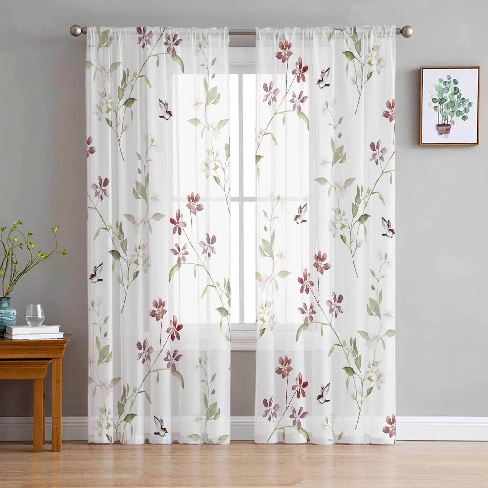 

Summer Forest Green Leaves Bird Watercolor Transparent Drapes Perfect for Living Room Ornamentation Window Panel Curtain Cooking Area Tulle Voile W135 x H115cm x1&Rod Pocket