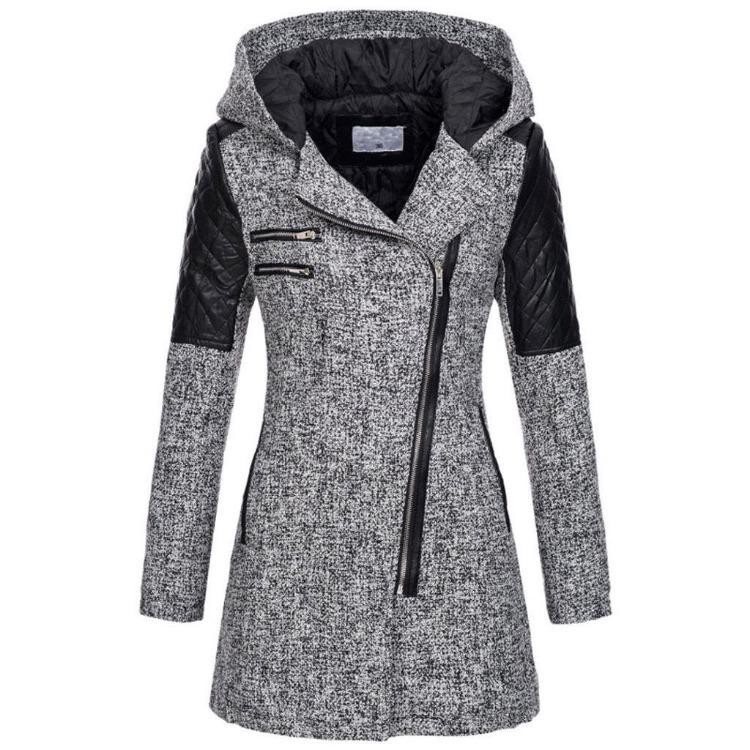 Warm Winter Coat Women Mid Length Woolen Hooded Windbreaker with Oblique Zipper