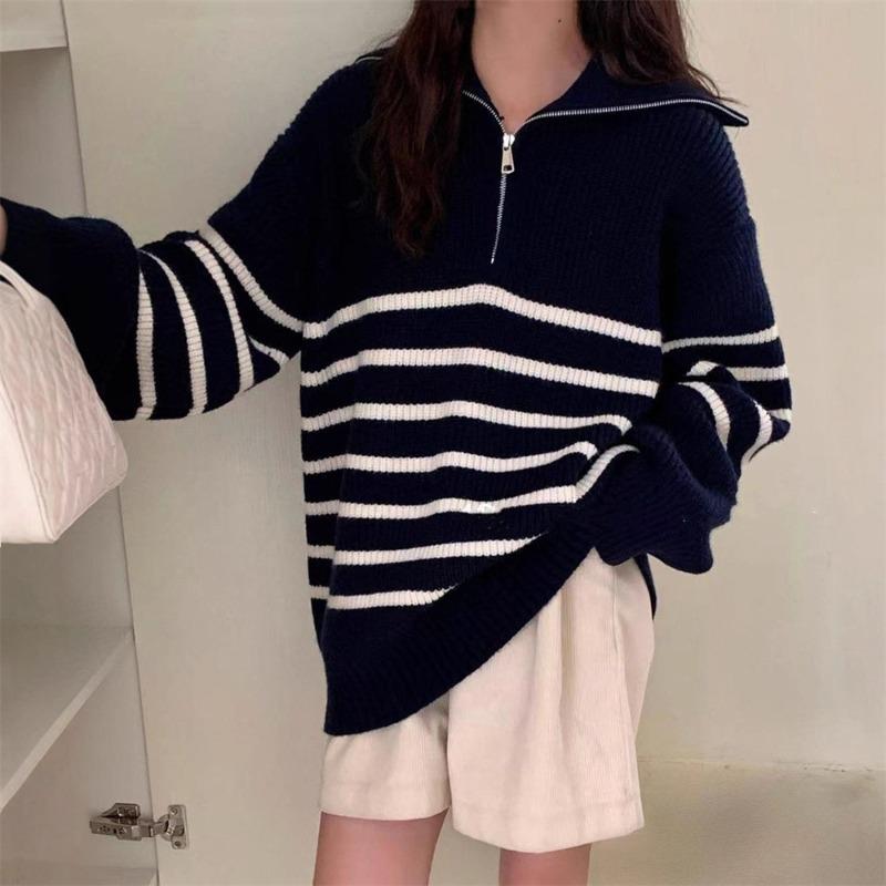 Autumn and winter new lazy wind pullover sweater women's top loose color matching striped half zipper knitted sweater outer wear