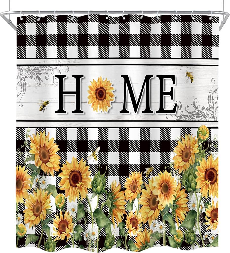 Shower Curtain Sunflower Pattern Buffalo Check Home Theme Bath Decor Waterproof Fabric Country Rustic Home Accessories Kitchen