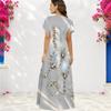Women Plus Size V Neck Short Sleeve Butterfly Printed Gray Straight Long Dress