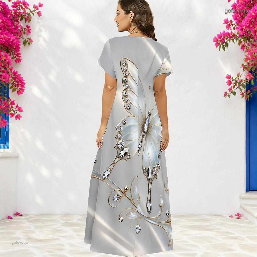 Women Plus Size V Neck Short Sleeve Butterfly Printed Gray Straight Long Dress