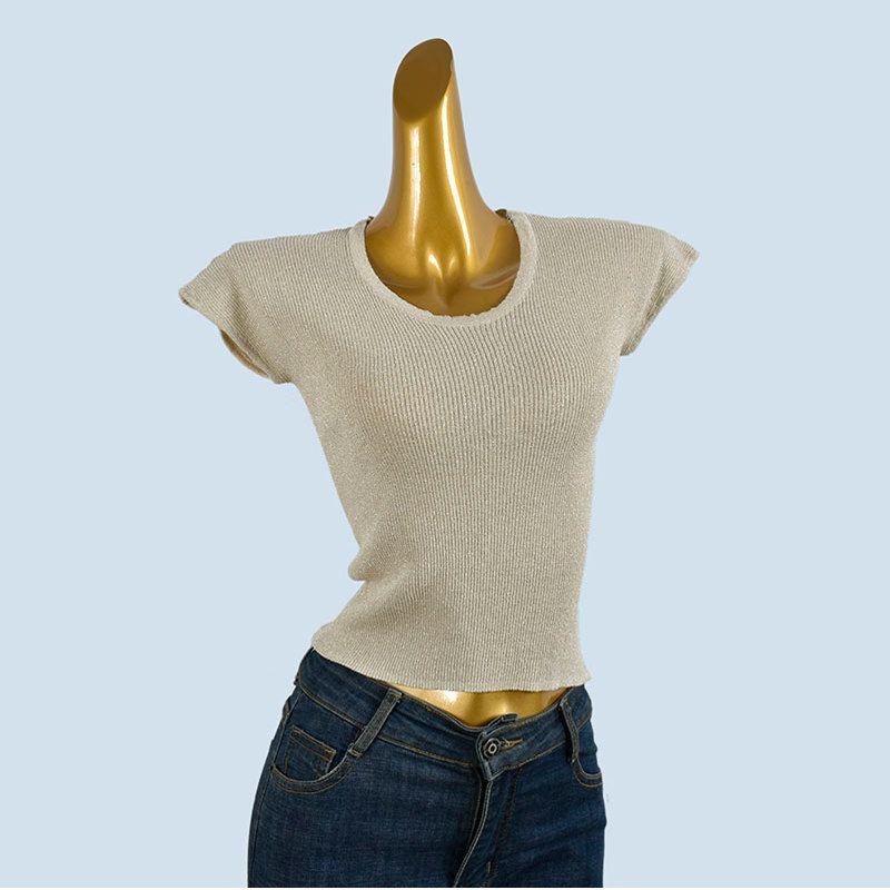 French Style Temperament Slim Fit Short Sleeve T-shirt Women Small Flying Sleeve Summer Thin Sweet Knitted Short Simple and Versatile Top
