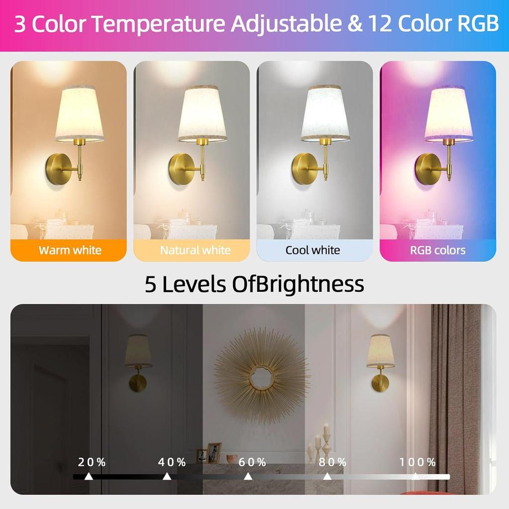 American-Style Wireless RGB Wall Lamp with Remote Control and Fabric Shade for Bedside, Living Room, or Stairwell