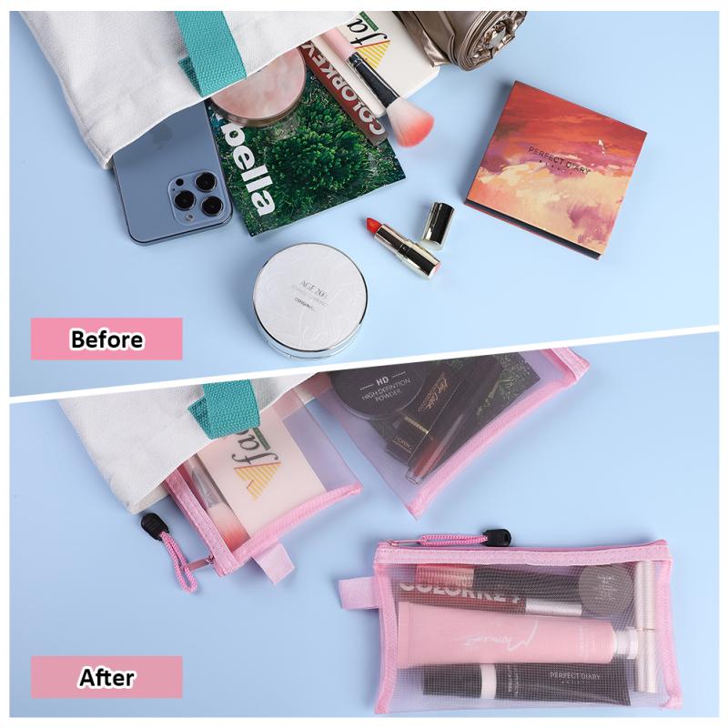10pcs Transparent Mesh Cosmetics Makeup Bag Multifunctional Zipper File Bag Organizer (5 Colors