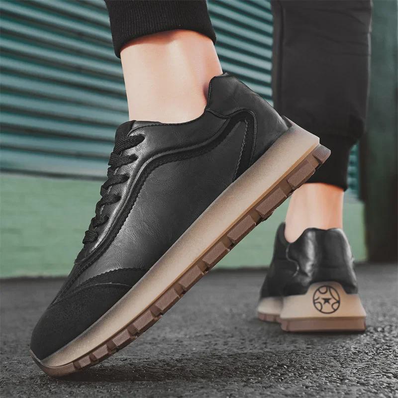 Men's Retro Low-Top Leather Sneakers - Casual Autumn/Winter Jogging Shoes