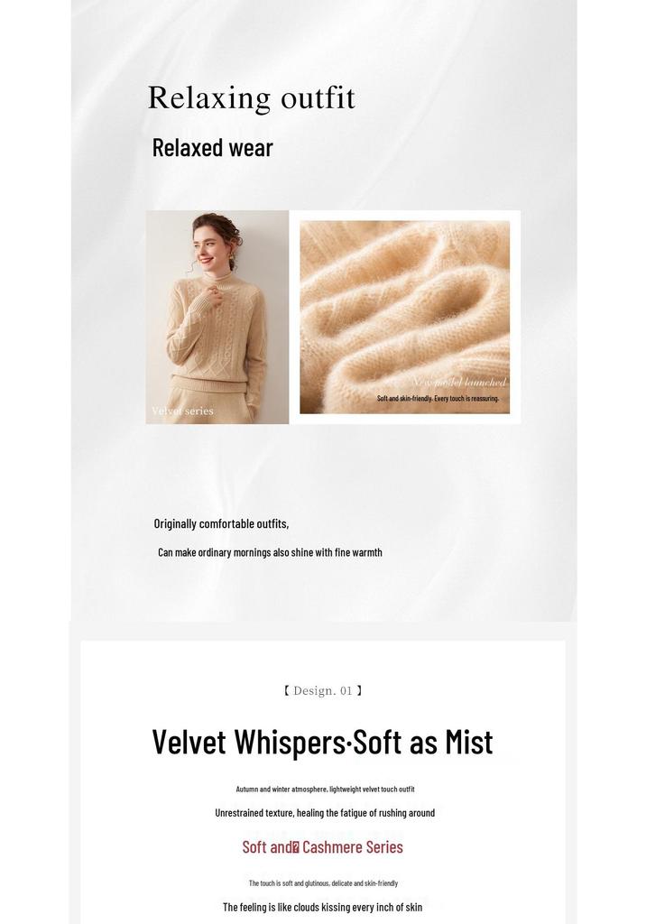 Women's Half-High Neck Cable Knit Cashmere Sweater - Diamond Pattern, Thick & Warm for Autumn & Winter