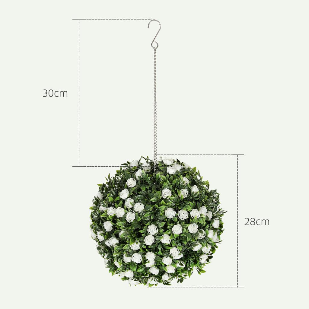 Set of 2 Decorative Artificial Plants, UV-protected Artificial Plant Topiary Rose Balls, Fake Plants for Home Indoor outdoor Decor, 28cm, White