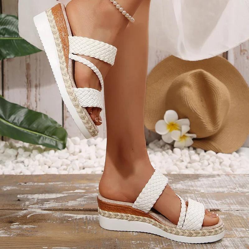 Fashion Women Shoes New Platform Sandles Lightweight Thick Sole Woven Slippers for Women 2025 Summer Wedge Heels Sandals Woman Plus Size