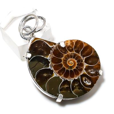 Natural Ammonite Fossil Gemstone Handmade 925 Sterling Silver Pendant 1.89" I9j15