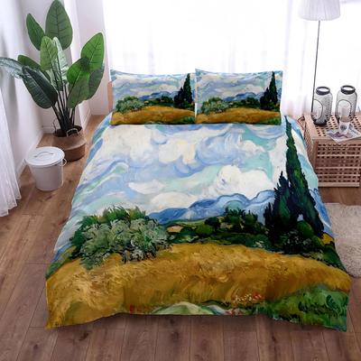 Juego de funda de edredón con pintura al óleo de pueblo de montaña de Van Gogh, juego de ropa de cama tamaño king, queen, doble, matrimonial, doble, individual