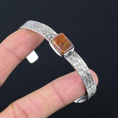 Natural Landscape Jasper Gemstone Bangle Adjustable 925 Silver For Girls