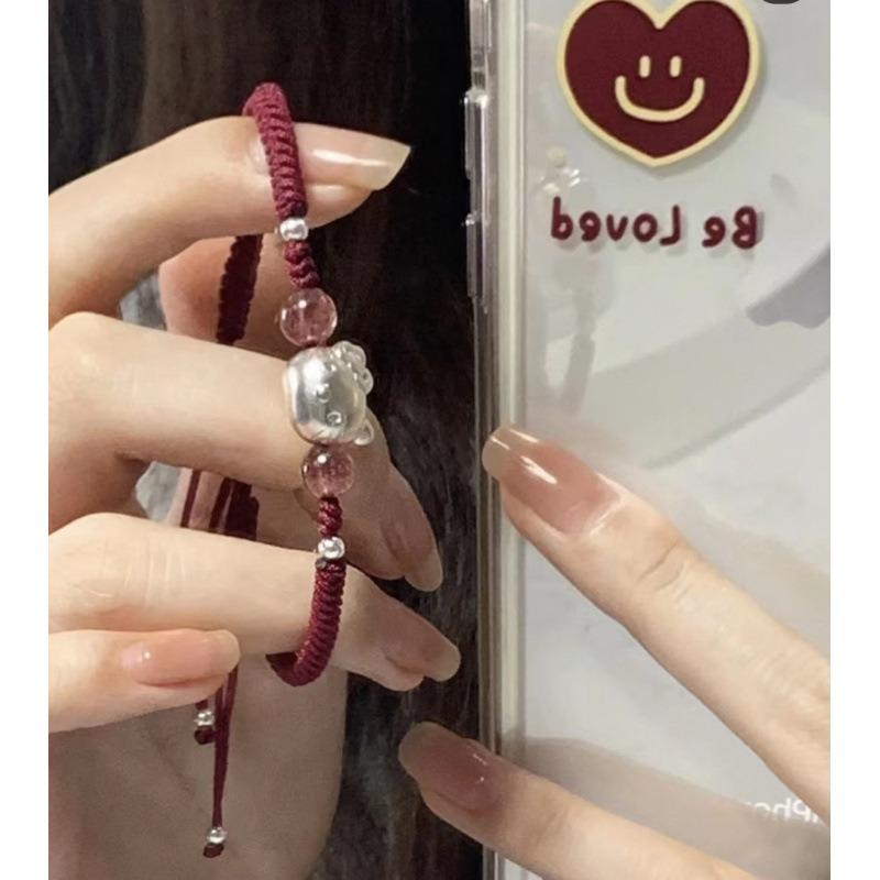KT cat obsidian strawberry crystal bracelet women's handwoven hand rope couple girlfriend transfer beads