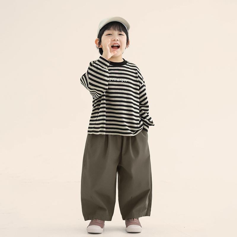 Boys Kids Crew Neck Long Sleeve Striped Casual T Shirt Spring Autumn Top