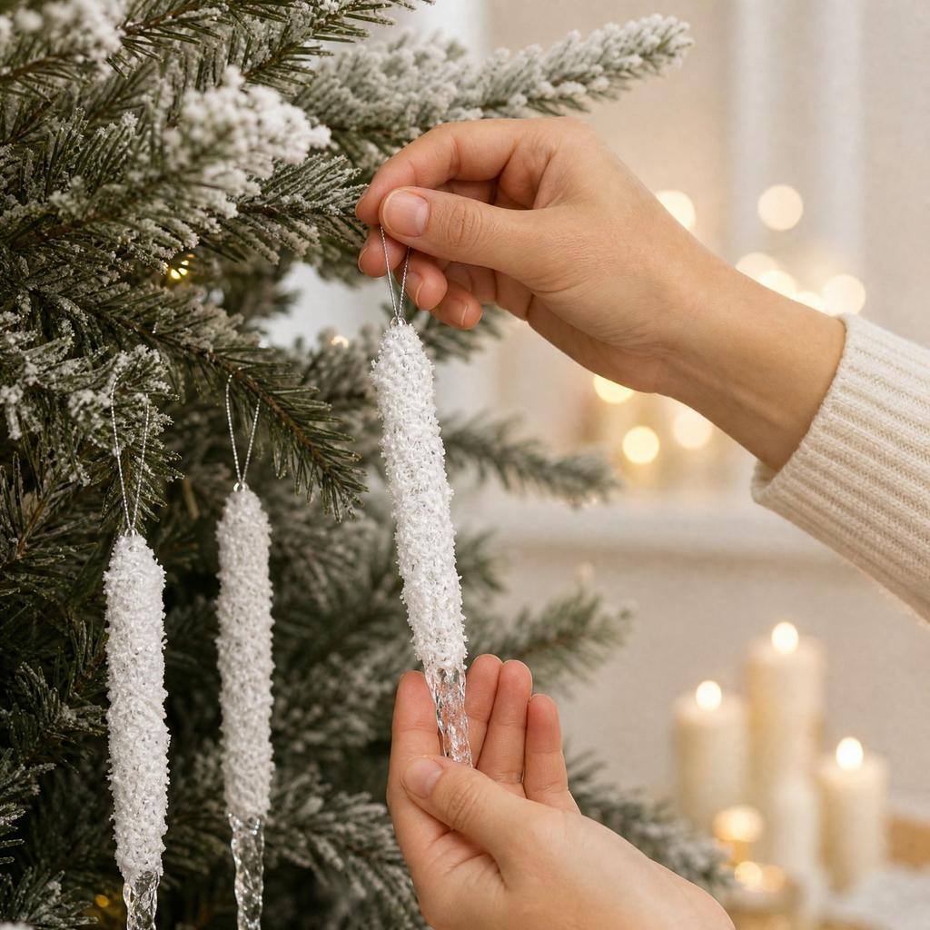 Artificial Snow Frost Icicle Christmas Tree Ornaments (6-Piece Set) for Winter Holiday Decor