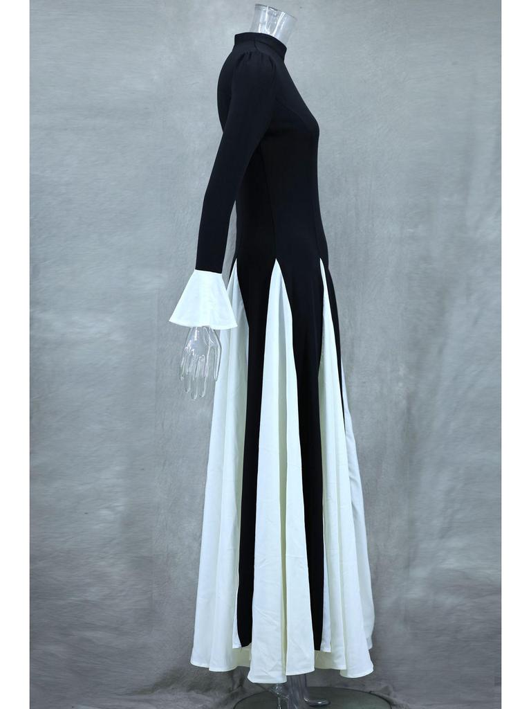 2024 Høst/Vinter Euro-Amerikansk Svart og Hvit Fargeblokk Volang Langermet Svingkjole LX0105