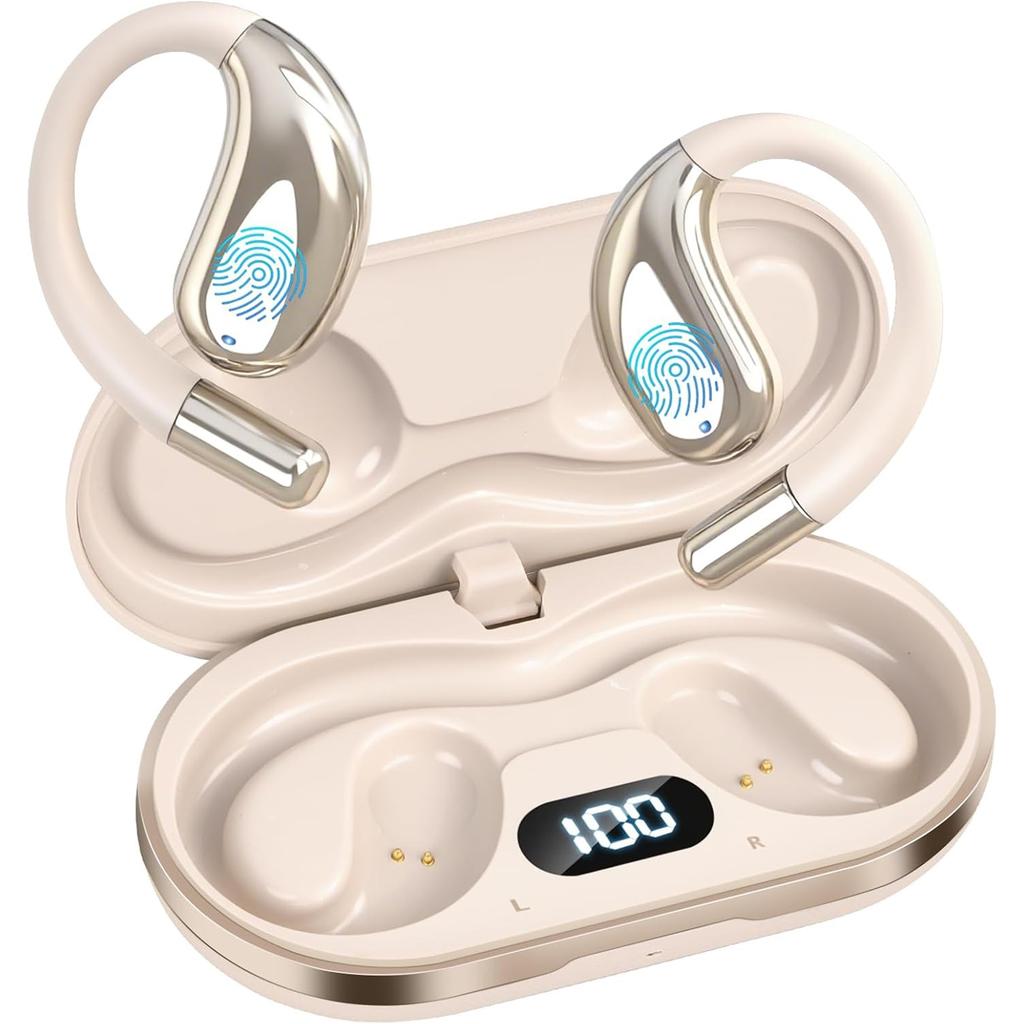 Open Ear Clip Wireless Earbuds Bluetooth 5.4 Headphones Open Ear Built-in Mic, IPX5 LED Display Charging Case,Ear Hooks Earphones for Running Fitness