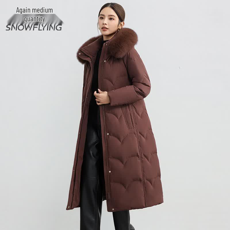 SNOWFLYING Women's Long Winter Down Jacket with Fox Fur Hood