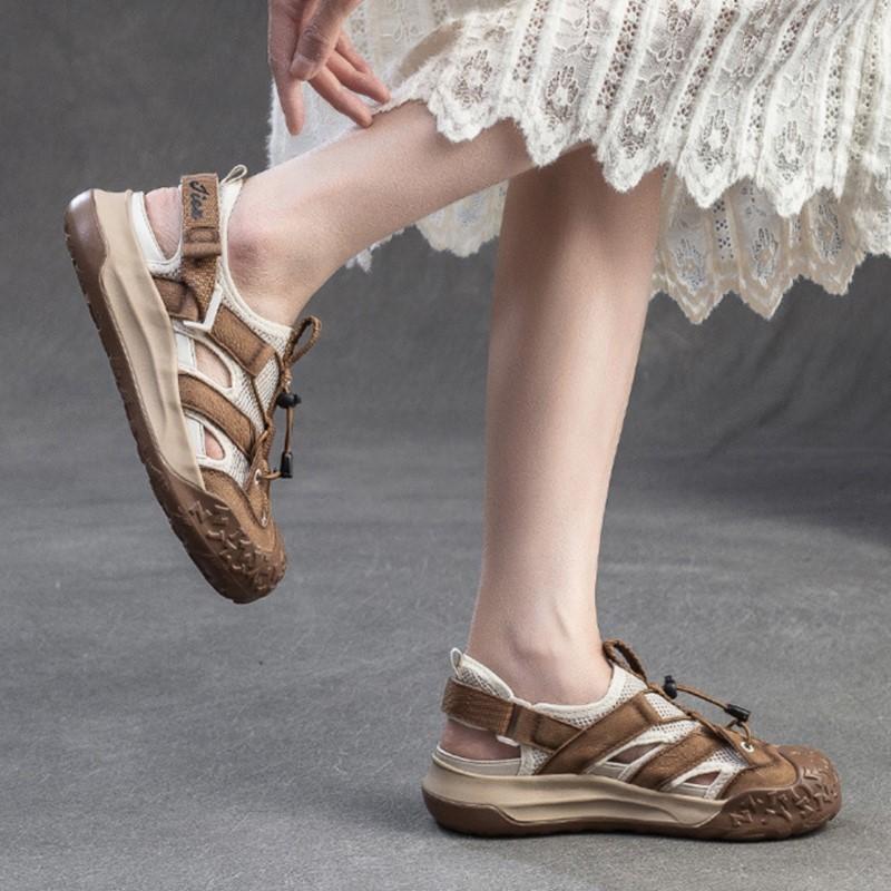 Johnature Retro Runde Zehen Atmungsaktive Mesh Sport-Sandalen Echtes Leder Leichte Damen Schuhe