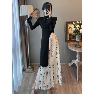 Chinese Style Modified Cheongsam Ink Painting Dress Long Sleeve Suit Women's Dress