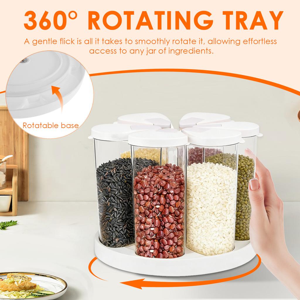 5/6 Grid Food Grain Storage Container Plastic Kitchen Storage Containers with 360 ° Rotating Base Transparent Grain Rice Dispens