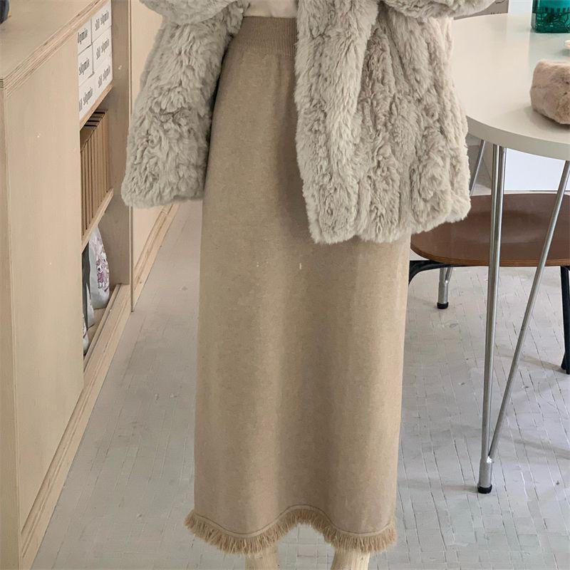 Tassel Knit Over-Knee High Waist Slim Wool Skirt with Matching Sweater