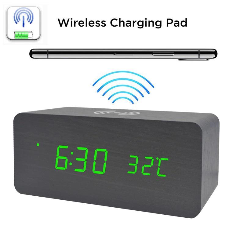 Wireless LED Wood Clock: Digital Alarm with Thermometer, Calendar & Charging Function