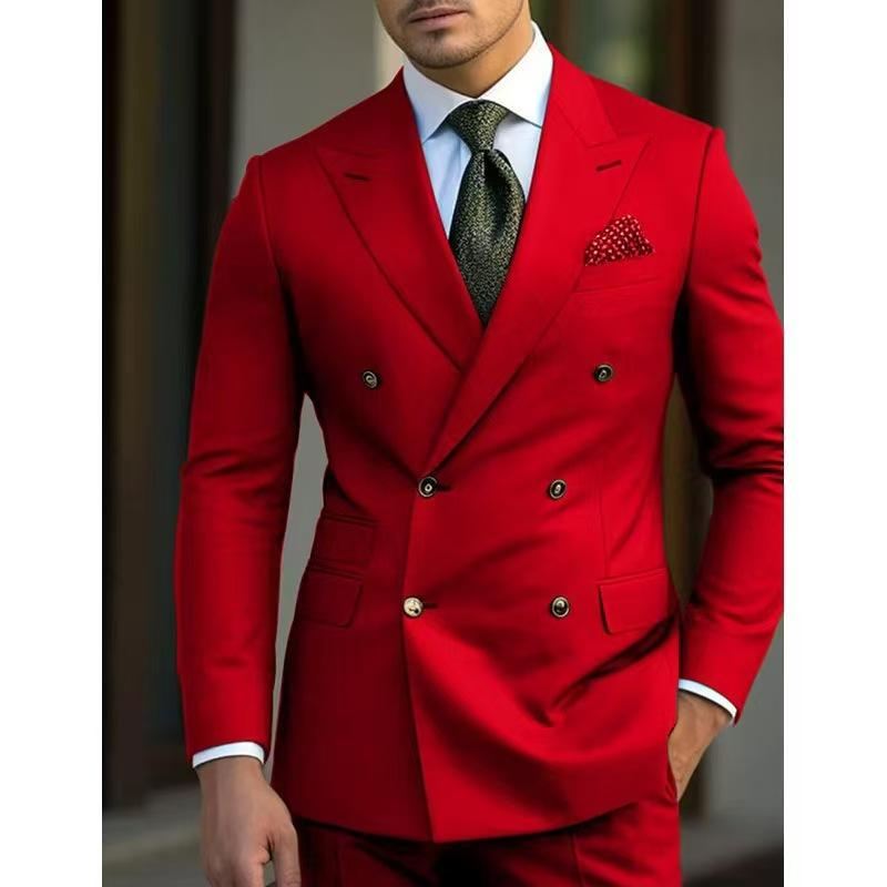 Man 2 Piece Outfit Set Collar Double Breasted High-Quality Slim Jacket Pants for Wedding Men's Suit with Peak Lapel Summer Beach