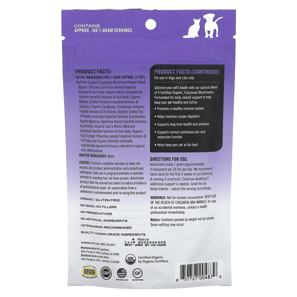 Healthy Pet, Certified Organic Mushroom Powder, 25Lb Pet, Dogs & Cats, 100G(3.5Oz)