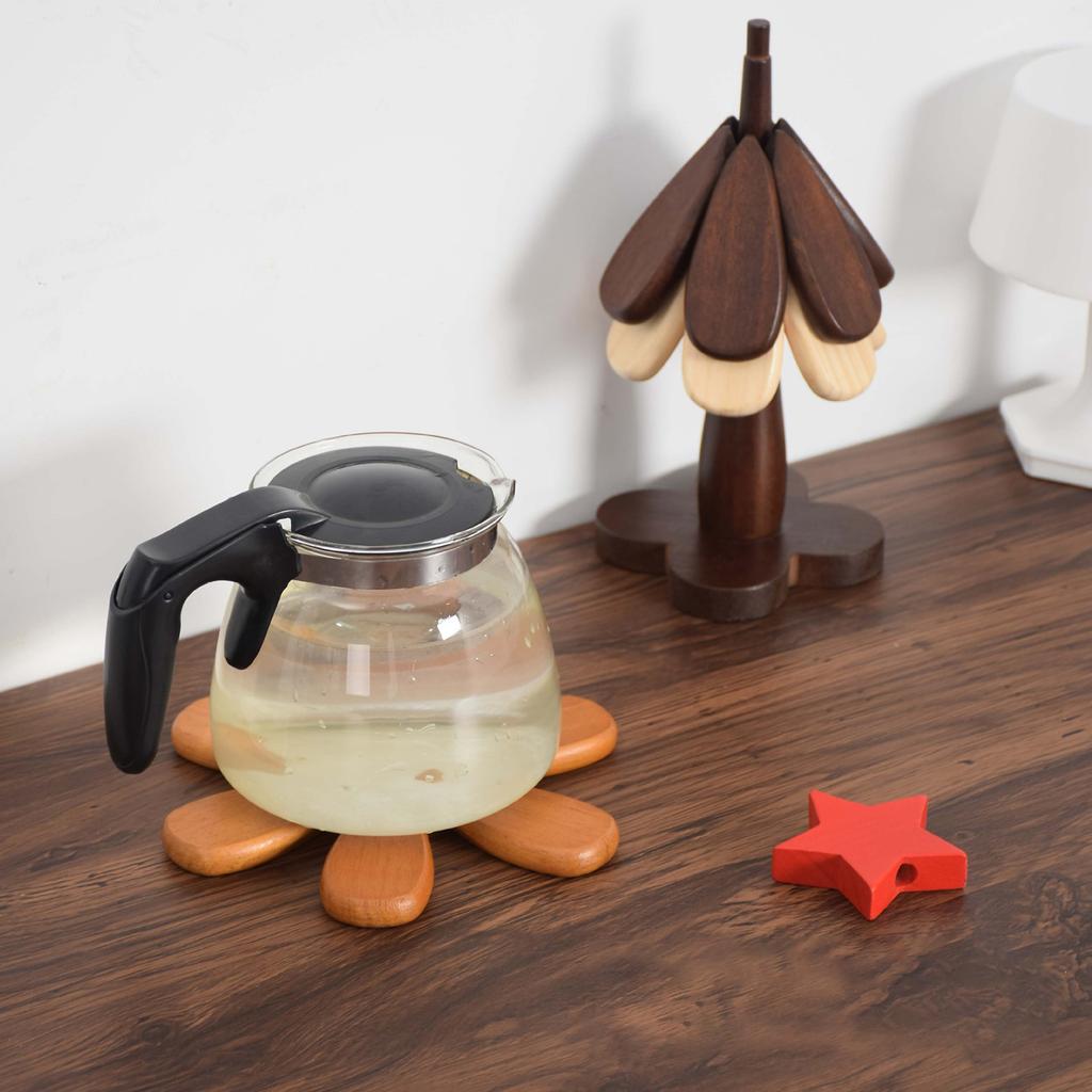 Wood Tree Trivet Set 3 Wooden Trivets and 1 Stand Tree Shape Coaster Set for Kitchen