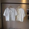 2025 Summer Korean Round Neck Tie-Up Embroidered Cutout Short Sleeve Women's Top