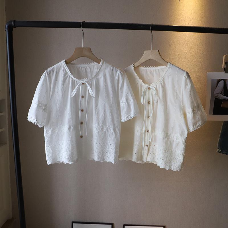 2025 Summer Korean Round Neck Tie-Up Embroidered Cutout Short Sleeve Women's Top