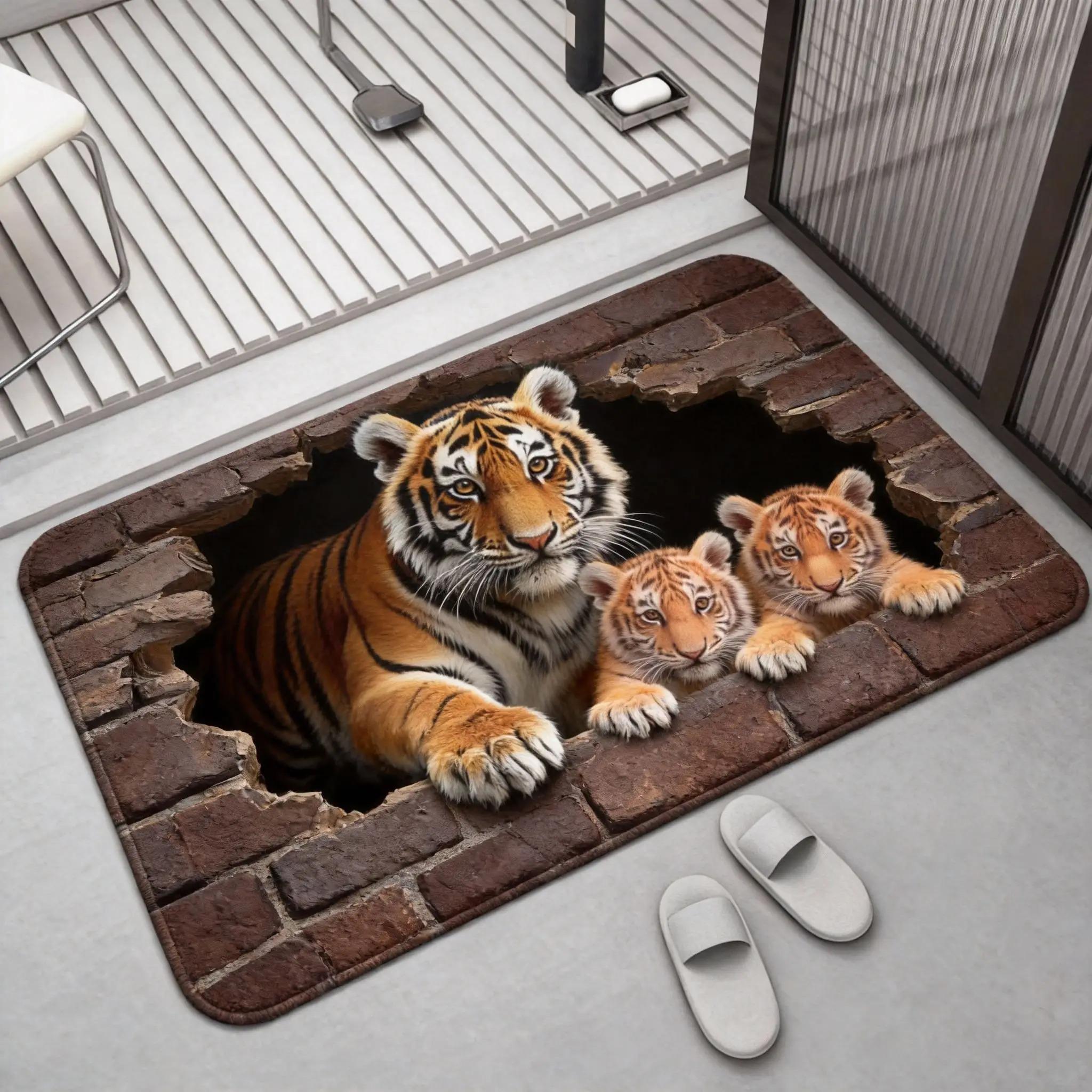 

2D Tiger Illusion Door Mat Realistic Breaking Through Wood Print Non-Slip Washable Carpet Entrance Rug for Bathroom Livingroom 40x60CM