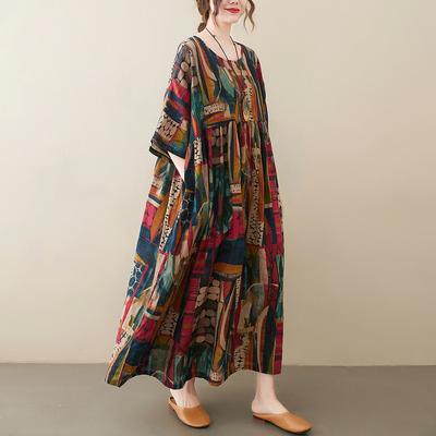 Bawełna Len Plus Size Vintage Drukowane Sukienki Odzież Kobiety Luźna Długa Letnia Sukienka