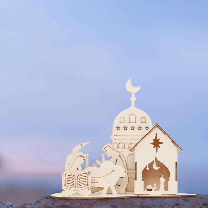 EID Puzzle Ornament DIY Castles Wood Decoration EID Craft Home Tabletop Ornament Middle East Festival Celebration Party