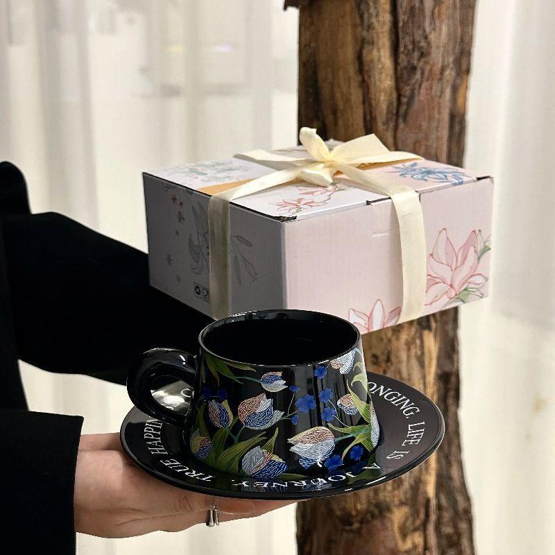 Retro Contrasting Iris Ceramic Coffee Cup Saucer Set Afternoon Tea Latte Cup Birthday Gift Souvenir Gift Box