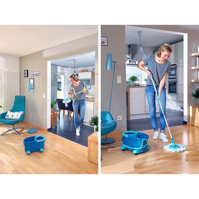 Set Balais Serpillère Avec Seau Essoreur À Roulettes Leifheit Clean Twist Disc Mop 52102, Serpillière À Franges, Seau Mobile 6 L