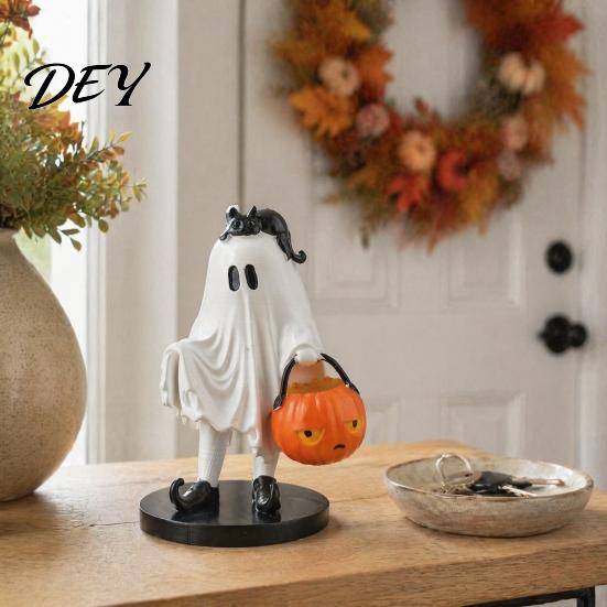 Halloween Table Centerpiece Vintage Ghost Figurine, Cute Spooky Resin Statue with Pumpkin Black Cat Ornament Bucket And for Indoor Kitchen Home Decor