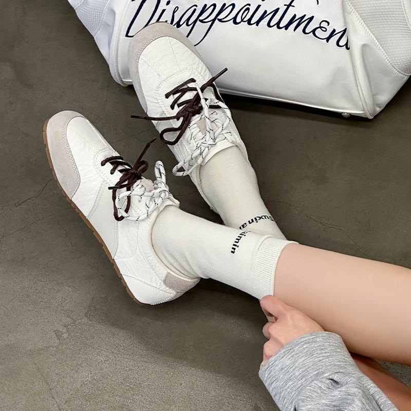 Yellow Retro Women's Spring and Summer Breathable and Light Mouth Single Shoes Double Shoelaces Color Matching White Shoes