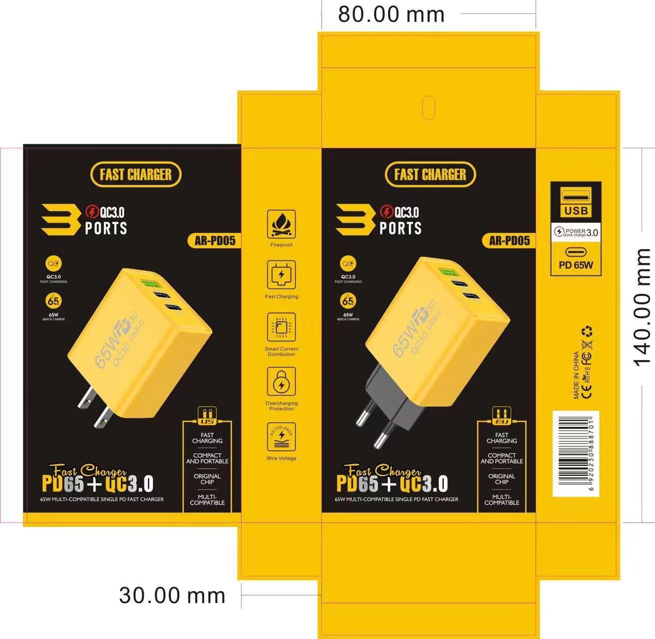 

65W Dual PD Charger: Dual Type-C & USB Multi-Port Adapter, Compatible with US/EU/UK Specs.