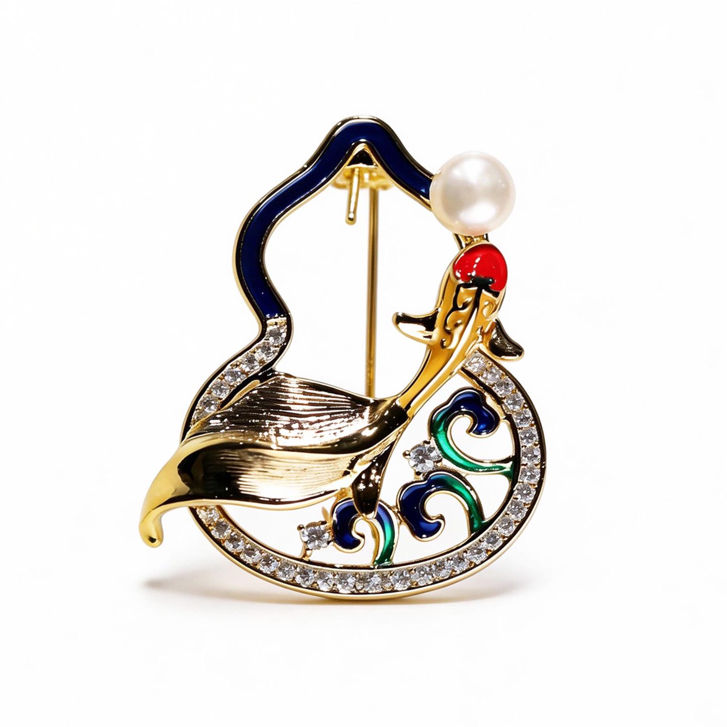 Bo Xin Yun Gold-Plated Hand-Brushed Freshwater Pearl Goldfish Hollowed Gourd Brooch.