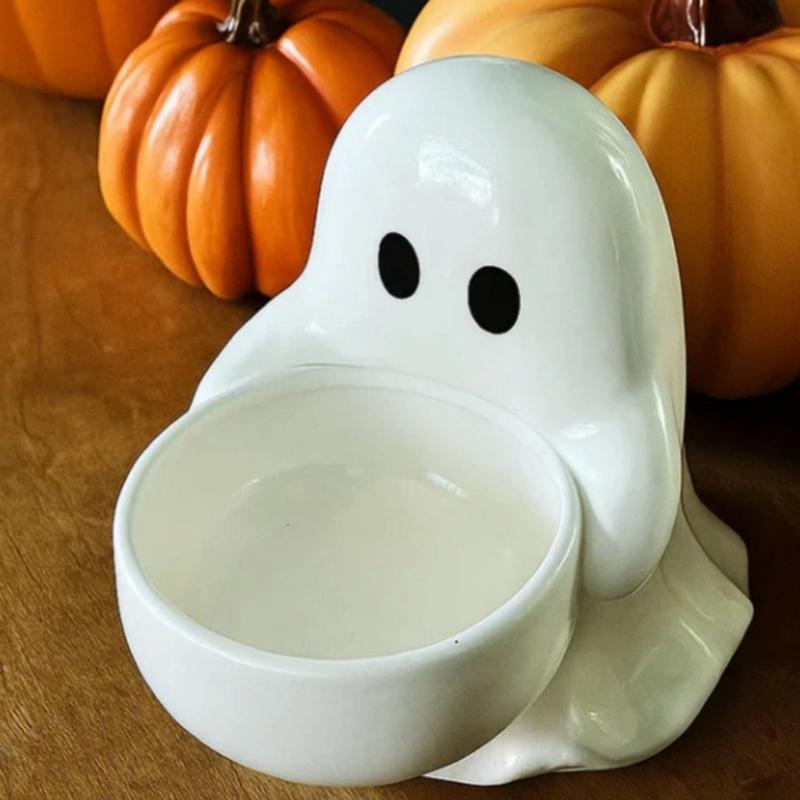 Ceramic Ghostly Figurine Candle Stand Halloween Themed Decorative Accent Candy Serving Tray For Holiday Table Setting